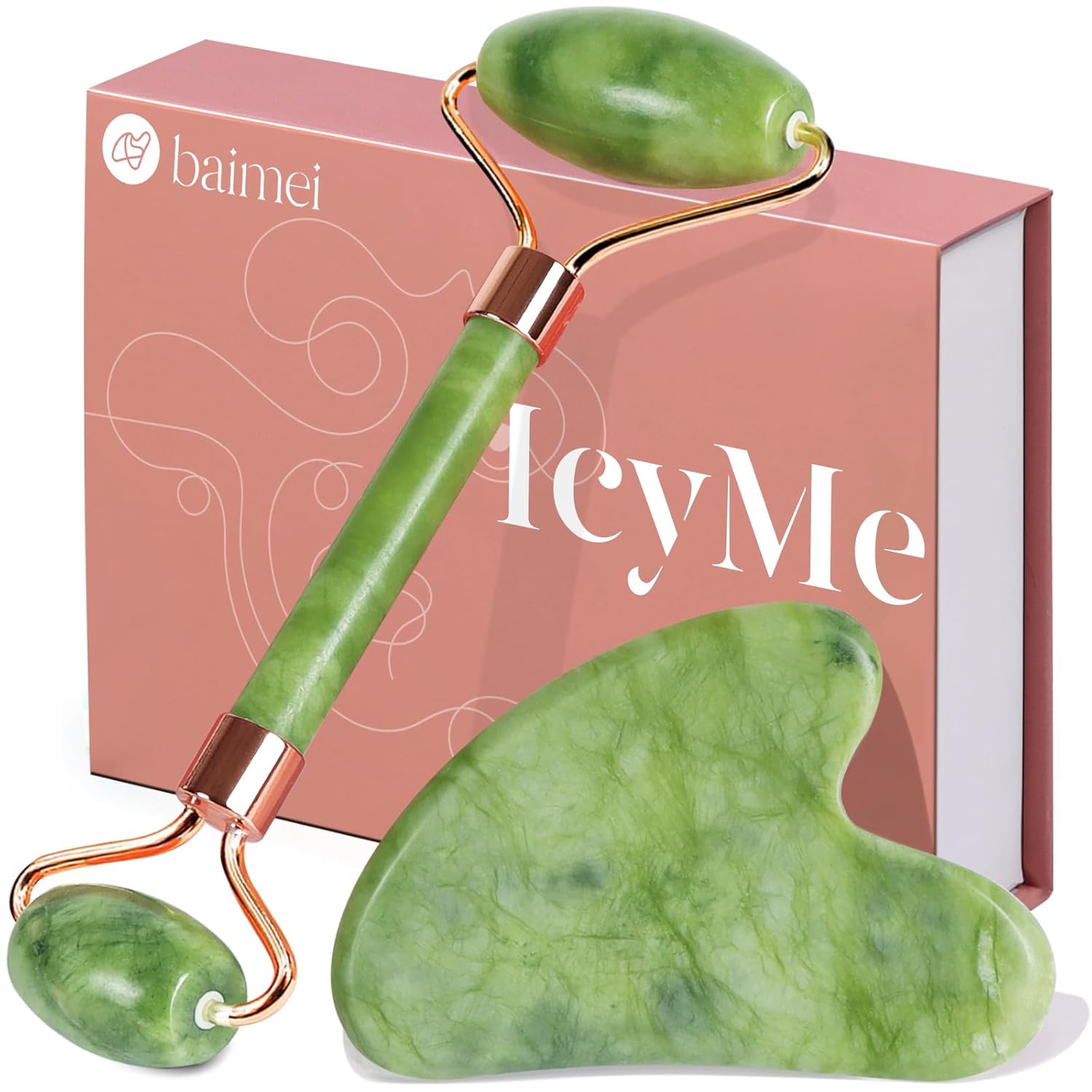BAIMEI IcyMe Gua Sha & Jade Roller Facial Tools Face Roller and Gua Sha Set for Puffiness and Redness Reducing Skin Care Routine, Self Care for Men Women
