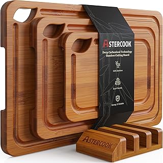 Astercook Deep-Carbonized Bamboo Cutting Boards for Kitchen with Wood Storage Stand, Reversible Charcuterie