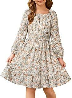 GRACE KARIN Girls Fall Dress Floral Long Sleeve Midi with Smocked Waist for Holiday Party 6-14Y