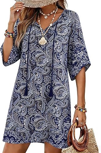 Zeagoo Womens Casual Beach Summer Dress Boho Cover Up Tassel Tie V Neck 3/4 Long Sleeve Mini Sundress 2026 Floral Print