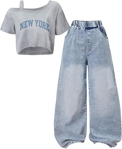 OYOANGLE Girl's 2 Pieces Summer Cute Outfits Y2K Preppy Letter Print Top Shirts and Denim Loose Pants Jeans Sets Trendy